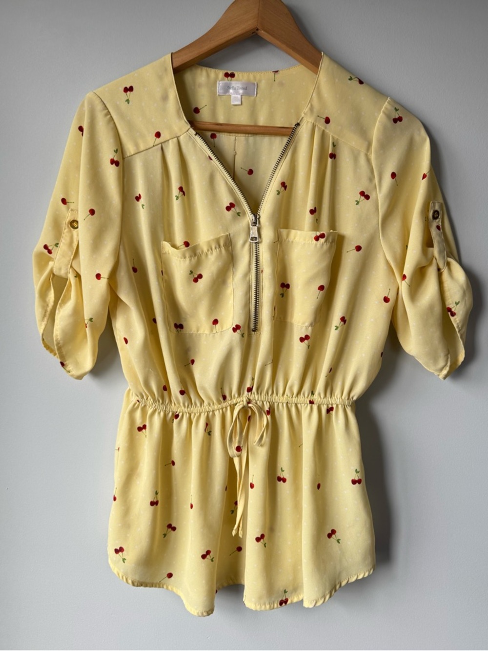 Stella Tweed Yellow Cherry-Print Drawstring Waist Blouse